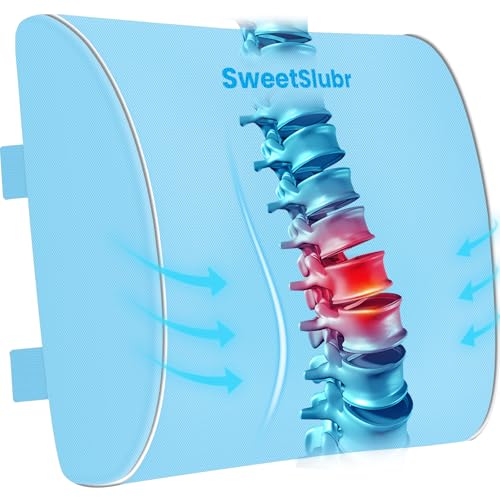 SweetSlubr Lumbar Support Pillow for Office Chair, Car & Gaming Chair, Ergonomic Memory Foam Cushion for Back Comfort, Zoned Back Support, Double Adjustable Straps,Breathable Washable Cover,Light Blue - color: Light Blue, size: Large