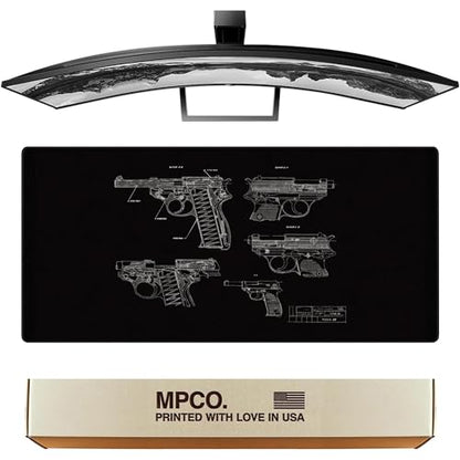 MPCO. Blueprints Large Gaming Desk Pad - 36" x 17" Aeroglyde Fabric Pistol 38 – Black Desk Mats - Non-Slip, Washable, Smooth Glide for Precision Gaming & Work - color: Aeroglyde Pistol 38 – Black