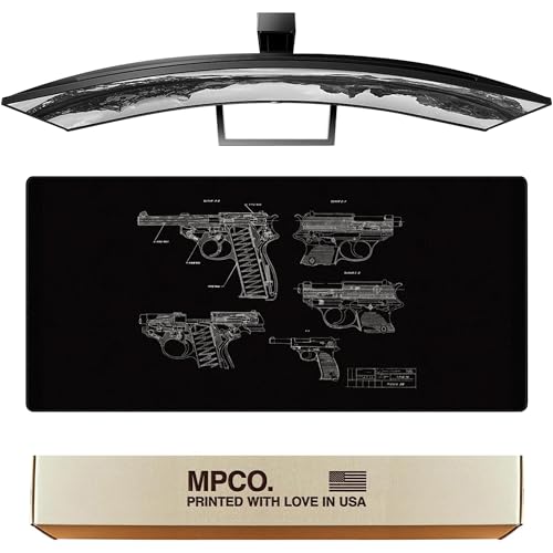 MPCO. Blueprints Large Gaming Desk Pad - 36" x 17" Aeroglyde Fabric Pistol 38 – Black Desk Mats - Non-Slip, Washable, Smooth Glide for Precision Gaming & Work - color: Aeroglyde Pistol 38 – Black