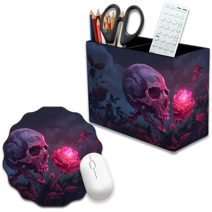 Pen Holder and Anti-Slip Mouse Pad Combination, Makeup Brush Storage Box, Tableware Storage Box, Suitable for Office and Home - Rose Skull - color: Rose Skull