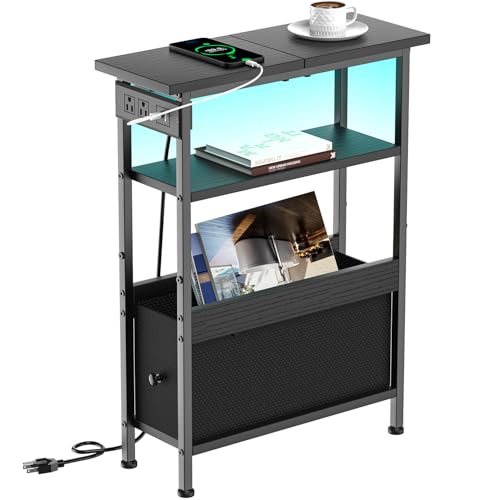 Creso hom Narrow Side Table with Charging Station and LED Light, Small End Table with 1 Fabric Drawer, Skinny Nightstand with USB Ports & Type-C, Slim Side Table for Bedroom, Living Room, Black - color: Black, size: 7"D x 18.7"W x 24.8"H