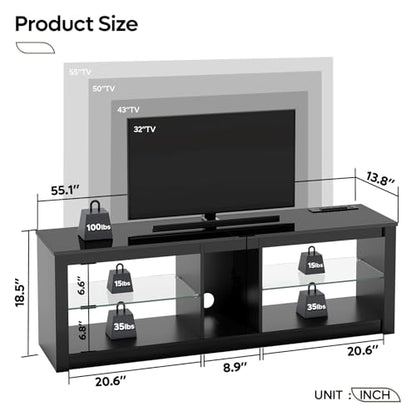 Bestier LED TV Stand for 55/60/65 Inch TV, Black High Gloss Entertainment Center with Power Outlet & Adjustable Shelves, Modern Gaming TV Console with Storage for Living Room Bedroom