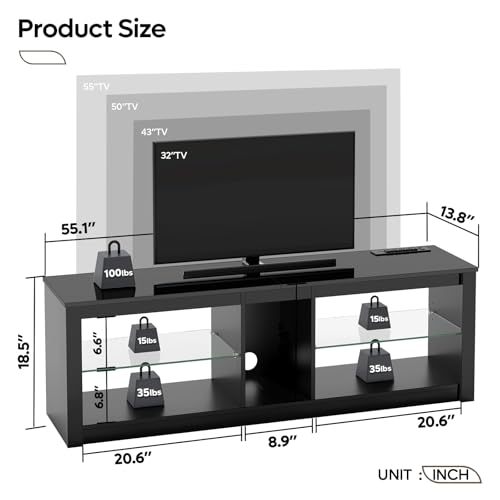 Bestier LED TV Stand for 55/60/65 Inch TV, Black High Gloss Entertainment Center with Power Outlet & Adjustable Shelves, Modern Gaming TV Console with Storage for Living Room Bedroom