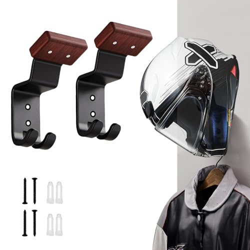 Motorcycle Helmet Holder Wall Mount - Heavy Duty Helmet Hanger Rack with 2 Key Hooks, Solid Wood & Strong Steel Design for Bike, Football, Skiing Sports Gear, Jackets & Hats (2) - color: Red*2