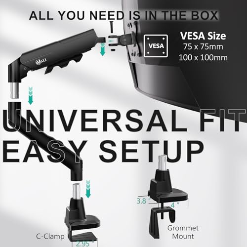 WALI Heavy Duty Single Monitor Arm for 17-49 Inch Flat Curved Ultrawide Screens, up to 33 Lbs, Adjustable Single Monitor Desk Mount for Home Office Gaming, VESA 75/100mm (GSM001XLN), Black - size: 17" to 49"