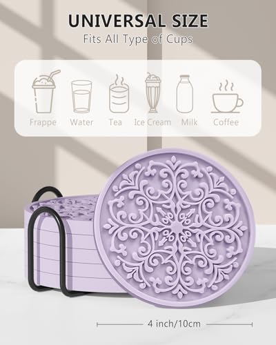 Drink Coasters, Coasters Set of 6 for Cup with Holder, Non-Slip Silicone Cup Mats for Hot and Cold Drinks, Cute Absorbent Coffee Bar Accessories Table Decor, Purple - color: Purple