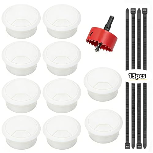 Desk Grommet 2 inch/50m,10Pcs Cable Grommet with Hole Saw & 15 Zip Ties,Desk Hole Grommet Desk Cord Hole Cover Desk Cable Grommet for Office Home Desk Table - color: White-B