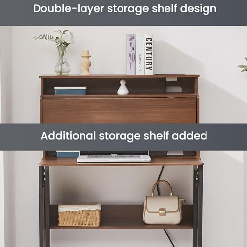 Fold Out Desk with Charging Station, Folding Desk with Monitor Stand,Storage Shelf,Small Foldable Desk for Compact Home Office Spaces - color: Walnut