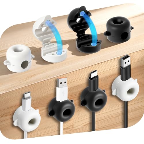 8-Pack Magnetic Cable Management Clips for Home Office Desk, Cord organizer | reusable, strong adhesive, silicone wire staples keeper, stick-on wire holder clamps, work on wall, nightstand, car dashboard - color: black & white