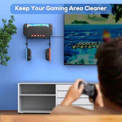 [Switch 2/1/OLED Compatible] Auarte Metal Wall Mount for Nintendo Switch 2 Console 2025, Switch 2 Accessories Organizer Shelf Base Kit Behind TV with 5 Card Slots and 4 Joypad Hanger, Carbon Black - size: Original