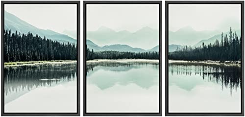 NWT Framed Canvas Print Wall Art Set Teal Mountain Range Lake Forest Landscape Nature Wilderness Modern Art Rustic Scenic Relax/Calm for Living Room, Bedroom, Office - 16"x24"x3 Black - color: A02-2203-fo17, size: 16" x 24" x 3 Panels BLACK