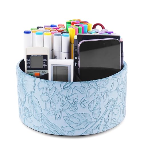 Remote Control Holder, 360°Spinning PU Leather Desk TV Remote Caddy,Desk Storage Box Room Accessories for Controller, Media,Mail,Calculator, Mobile Phone,Pencil(1-Carved Blue) - color: 1-Big Carved Blue