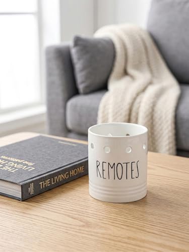 LEETOYI Farmhouse Ceramic Remote Control Holder, 4.9" Remote Caddy Storage White