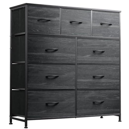 WLIVE 9-Drawer Dresser, Fabric Storage Tower for Bedroom, Entryway, Closet, Tall Chest Organizer Unit with Fabric Bins, Steel Frame, Wood Top, Easy Pull Handle, Charcoal Black Wood Grain Print - color: Charcoal Black Wood Grain Print