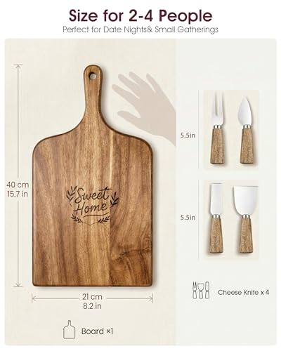 100% Acacia Wood Charcuterie Board Gift Set with Handle & 4 Cheese Knives | Natural Wood Grain | Smooth Polished Finish | Charcuterie & Cheese Board |Hosting & Everyday Serving |Premium Gift Box - size: 15.7"