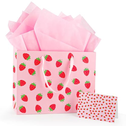 LERCTH Pink Strawberry Themed Gift Bag Set (12.99"x10.24"x4.92") – Tissue Paper, Greeting Card Included | Reusable Tote for Parties, Birthdays & Gifting (Girls, Women, Bridal) - color: Pink Strawberry Gift bag, size: 1 count (Pack of 1)