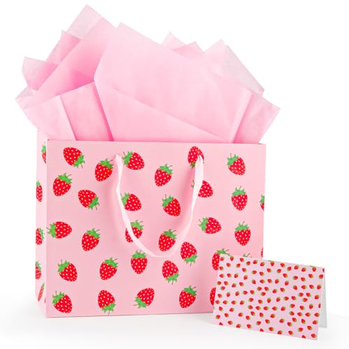 LERCTH Pink Strawberry Themed Gift Bag Set (12.99"x10.24"x4.92") – Tissue Paper, Greeting Card Included | Reusable Tote for Parties, Birthdays & Gifting (Girls, Women, Bridal) - color: Pink Strawberry Gift bag, size: 1 count (Pack of 1)