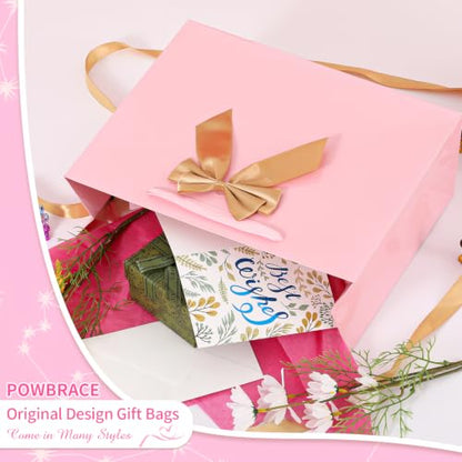 Powbrace Pink Bags with Handles, 13" Medium Gift Bag Set - 1 Gift Bag with Bow, 2 Tissues & Greeting Card for Wedding Baby Shower Fathers Day Mothers Day Birthday Party - color: 1Pcs Bright Pink Glossy – General Purpose, size: 1 count (Pack of 1)