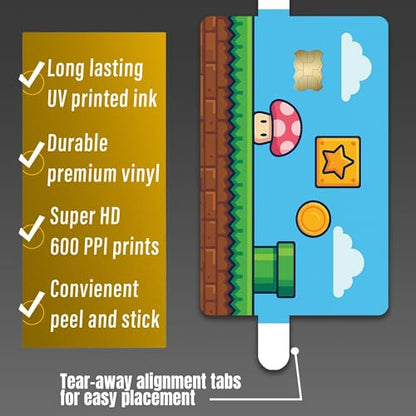 Retro Platformer World – Credit Card Skin Sticker Cover Decal Wrap 2-Pack – Cute Mushroom, Coin & Star Block Design