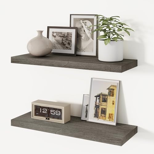 Vivelove Flat Edge Elm Wood Floating Shelf with Invisible Bracket 24”Grey - color: Grey, size: 24”,set of 2