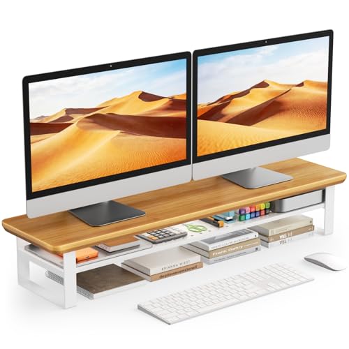 Dual Monitor Stand, 35.4 Inch Monitor Stand Riser for 2 Monitors, 2 Tiers Wood Desk Shelf with Storage, Desktop Organizer Stand for Computer, Laptop, Printer, TV - color: Cherry Wood, size: 35.4in