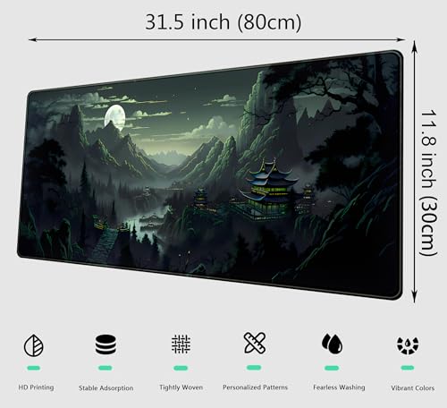 Green Mouse Pad Natural Moon Desk Mat Mousepad XL Large Extended Desk Pad Anime Mountains Desk Matt for Desktop, Laptop Computer Keyboard Mouse Mat for Women Office Decor Accessories 31.5x11.8 in - color: Green Mountains Moon, size: 31.5" x 11.8"
