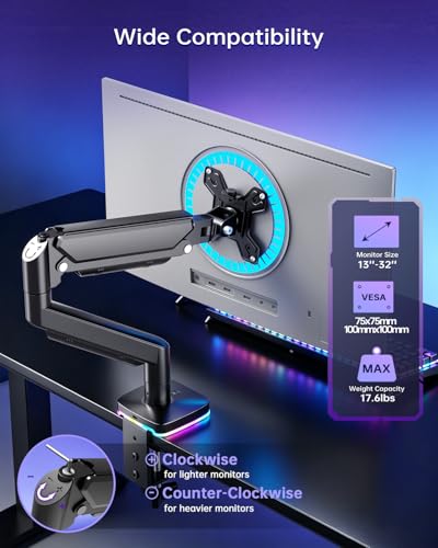 Afaloona Single Monitor Arm with RGB Lighting & 3 USB Ports, Gas Spring Monitor Mount for 13-32 Inch Screens up to 19.8lbs, Desk Mount with Charging & Data Transfer, Full Motion Adjustable - size: RGB Gas Spring Monitor Stand