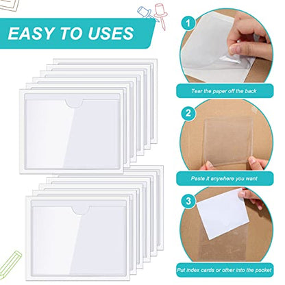 Outus 100 Pcs Index Card Pockets, 3.5 x 4.4 Inch Clear Self Adhesive Labels Pocket for Business, Plastic Label Sleeves with Top Open for Organizing Storage Bins Library Card Shelves Scrapbooks - size: 3.5 x 4.4 Inch