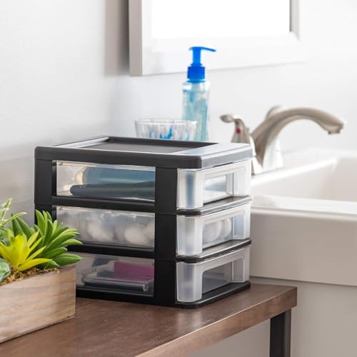 IRIS USA Plastic Stacking Desk Top 3-Drawer Storage Organizer, 4-Pack, for Makeup Vanity Nail Polish Bathroom Stationery Art Craft Supplies Kitchen Office Garage and Small Organization, Small, Black - color: Black, style: Small - 4 Pack