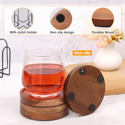 4 Pcs Wood Coasters for Drinks Absorbent, Wooden Coasters with Holder, Drink Coasters for Coffee Table, Absorbent Coaster Set for Table Protection Drink Coasters for Farmhouse, Office, Bar - style: Set of 4