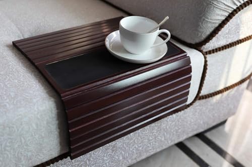 GEHE Couch Arm Tray Table, Flexible/Foldable Sofa Armrest Tray, Couch Armrest Table Cup Holder Great for Drinks Snacks Remote Control, Portable Side Table and Anti-Slip Bottom - color: Mahogany