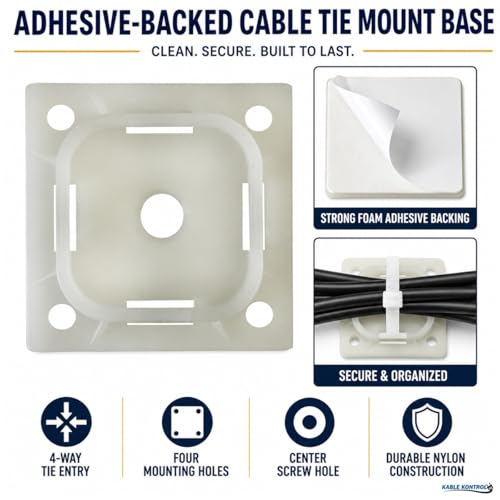 Kable Kontrol Zip Tie Mounts, 1-1/2” Sq, Natural White, 100 Pcs, Adhesive Backed Multi-Purpose Mounting Squares Nylon Cable Tie Wrap Anchor Pads for Cable Management - color: White, size: 1-1/2" Inch Square - 100 Pcs