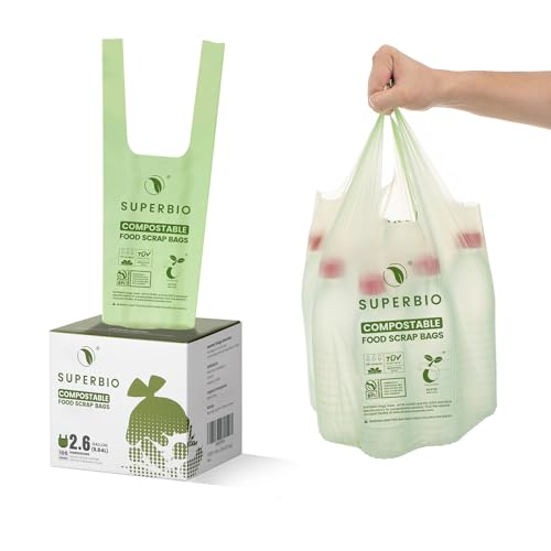SUPERBIO 2.6 Gallon Compostable Bags with Handles, 100 Count,1 Pack, Food Scrap Bags Certified by BPI and OK compost INDUSTRIAL, 9.84L - color: 2.6 Gallon with Handles, 100 Count