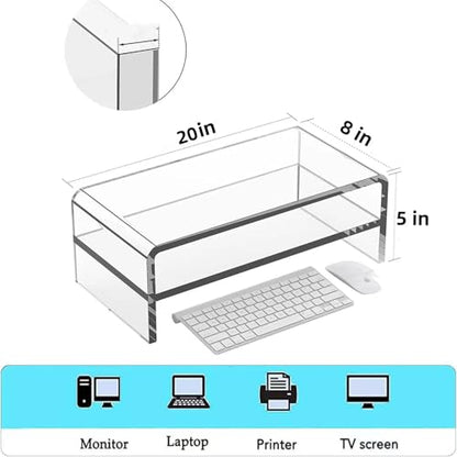 Acrylic Monitor Stand, 2 Tier Riser with Storage Shelf, Clear, 16/20 Inch, Home Office Desk Organizer (20in) - size: 20in