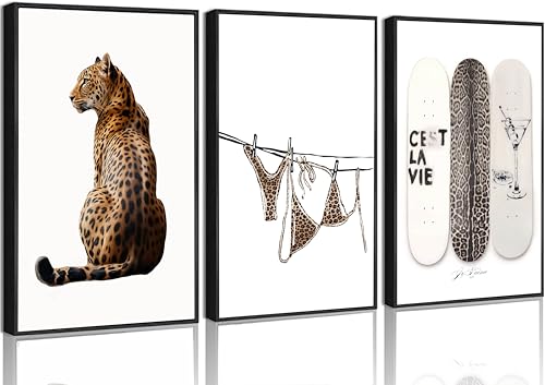 3Pcs Trendy Leopard Print Canvas Wall Art Stylish Female Aesthetic Poster Cheetah Printed Preppy Fashion Skateboard Picture Wall Decor for Bedroom Apartment Dorm Living Room Home Decoration Unframed