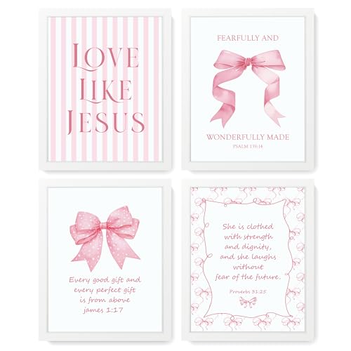 LARTSFRO Coquette Pink Bow Jesus Wall Art Decor Posters, Pink Bow Room Bedroom Bathroom Dorm Wall Art Decor Aesthetic for College Teen Girls Gifts, Inspirational Bible Verses Bow Wall Decor, 10x8 Inch Set of 4 Pcs Bow Pictures (WHITE FRAMED) - color: Whit