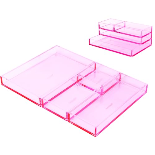 4-Piece Stackable Pink Acrylic Desk Organizer for Office or Home Desk Drawer Dividers, Makeup Vanity Storage Bins, Accessory Acrylic Tray/Half Accessory Tray/Small Tray - color: Pink