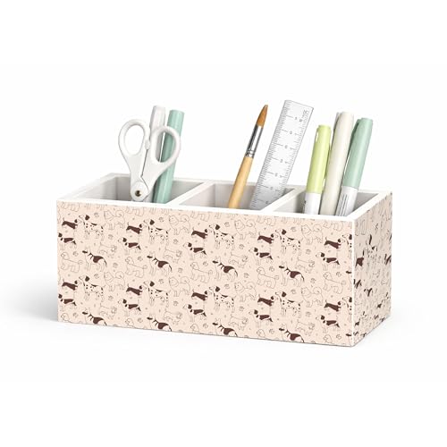 Cute Dog Pattern Wooden Desk Organizer | Fun dog pattern; 3-compartment wooden holder stores pens, pencils, scissors, rulers for home, kids, or office. - color: Dog Pattern