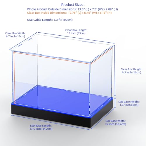 Light Up Acrylic Display Case with RGBW LED Lights, USB Powered with Switch Panel & App Control, Clear Collectible Display Box for 1: 18 Car Models & 1:24 Die-Casting Cars, 13x6.7x6.3 Inch - size: 13''(L) x 6.7''(W) x 6.3''(H)