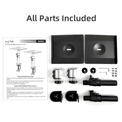 suptek Clamp-on Speaker Stand Desk Mount Set, Height Adjustment, Tilt, Swivel, 9.6 x 8.8 inch Trays, Universal Audio Holders for Computer and Bookshelf Speakers, Elevated Sound, 2 Pack, Black, SDM001B - color: Black