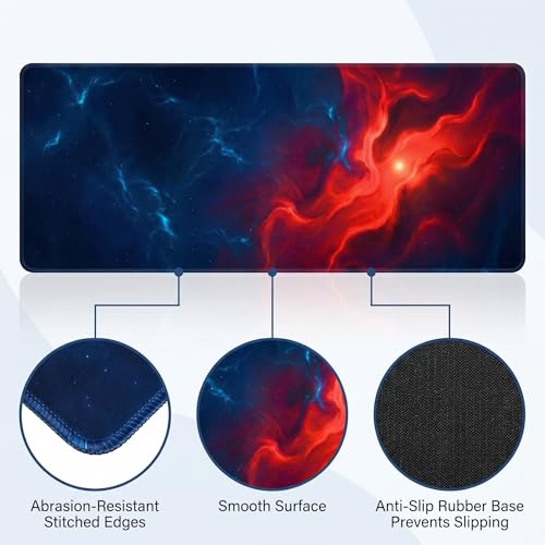 Jeffbaubl Large Desk Mat, 31.5 x 11.8 inch Blue Red Pattern Mouse Pad, Non-Slip Rubber Base and Stitched Edges Mousepad, Waterproof Desk Pad, 3mm Thick Extended Keyboard Pads for Gaming Office Home