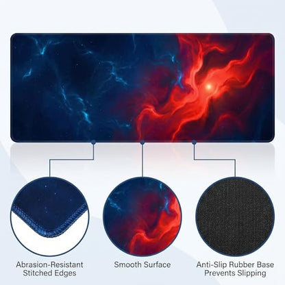 Jeffbaubl Large Desk Mat, 31.5 x 11.8 inch Blue Red Pattern Mouse Pad, Non-Slip Rubber Base and Stitched Edges Mousepad, Waterproof Desk Pad, 3mm Thick Extended Keyboard Pads for Gaming Office Home