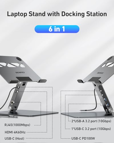 BENFEI Laptop Stand with USB C 6in1 Docking Station, HDMI 4K@60Hz,Gigabit Ethernet, 100W Power Delivery, 10Gbps 1*USB C 3.2 and 2*USB A 3.2 Compatible with MacBook Pro/Air, iPad Pro, XPS, Thinkpad - size: 6-in-1 stand