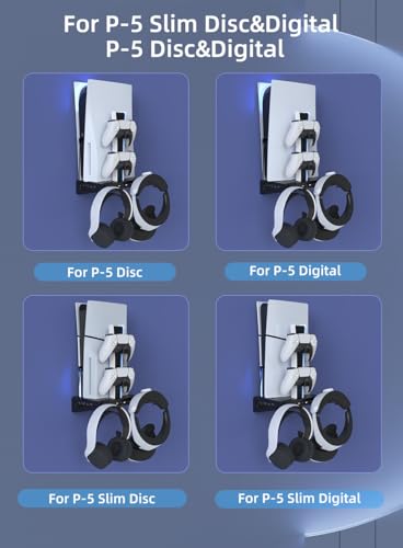PS5/PS5 Slim/ PS5 Pro Wall Mount, Accessories Kit with Cooling Fan & Charging Station, Shelf Floating Mount for PS5/PS5 Slim/ PS5 Pro Disc & Digital Console, Behind TV Wall Bracket