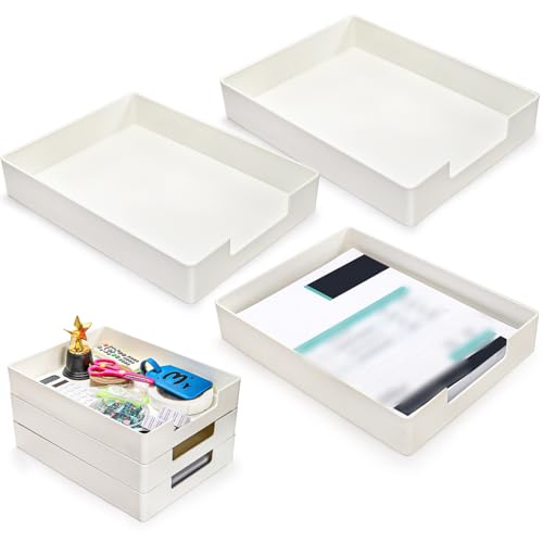 Eorbow 3 Pack Letter Tray, Plastic Stackable A4 Paper Trays, Rectangular Desk Drawer Organizer, File Holder for Desktop, Office Supplies Storage, White