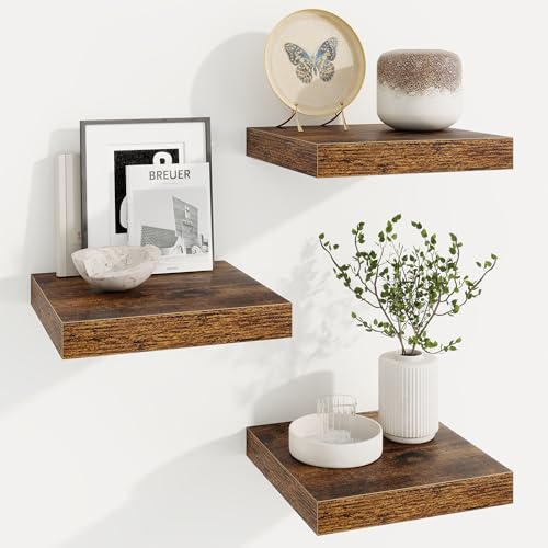 Square Floating Shelves for Wall, 9.25"W x 9.25"D x 1.25"H, 3 Pack Small Wall Mounted Engineered Wood Shelves with Invisible Brackets for Living Room, Bedroom, Bathroom, Kitchen Decor, Rustic Brown - color: Rustic Brown With Invisible Metal Brackets, size