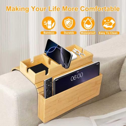 MinBoo Sofa Arm Tray Bamboo with Side Storage Pocket Couch Arm Table Cup Holder Absorbent Pad Foldable Portable Sofa Arm Chair Table for Drink Cups EatsSnacks Phone Remote Home Gift Accessory