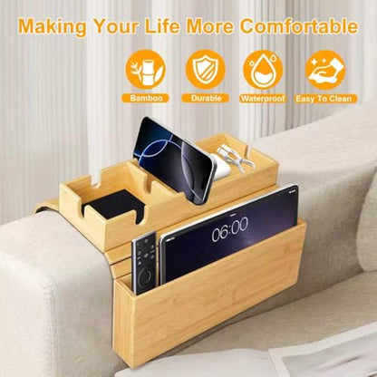 MinBoo Sofa Arm Tray Bamboo with Side Storage Pocket Couch Arm Table Cup Holder Absorbent Pad Foldable Portable Sofa Arm Chair Table for Drink Cups EatsSnacks Phone Remote Home Gift Accessory