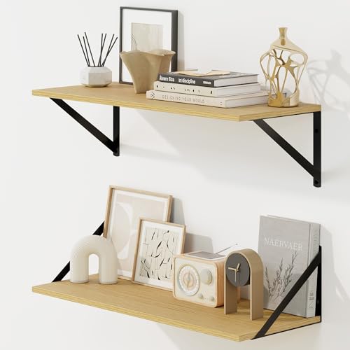 Fun Memories Deep Floating Shelves for Wall, 24W x 8D Wall Mounted Shelves Set of 2, Wide Display Ledge Shelf with Sturdy Metal Brackets for Living Room, Bathroom, Bedroom and Kitchen, Oak - color: A-oak, size: 24"w x 8"d