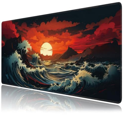 Japanese Sea Wave Large Mouse Pad,Gaming Keyboard Desk Pad,Extended Mouse Mat Non-Slip Rubber Base with Stitched Edges for Office Game Home XXL 35.4"x15.7" - color: Japanese Wave, size: 35.4L x 15.7W inches